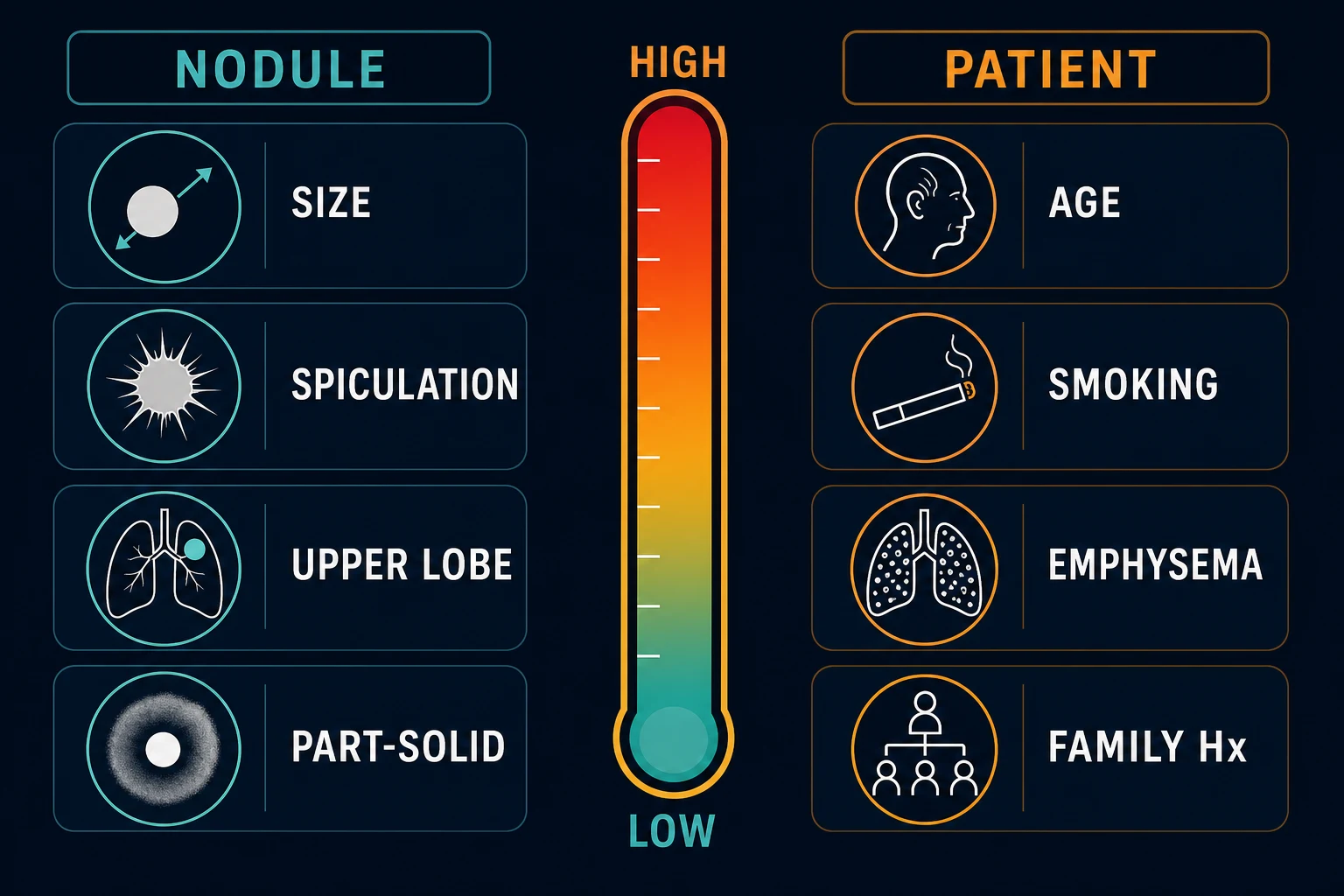 Panel of pulmonary nodule malignancy risk factors divided into nodule factors and patient factors around a probability gauge