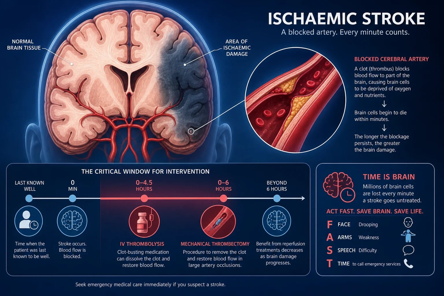 Stroke — anatomical illustration of cerebral vasculature with ischaemic territory highlighted