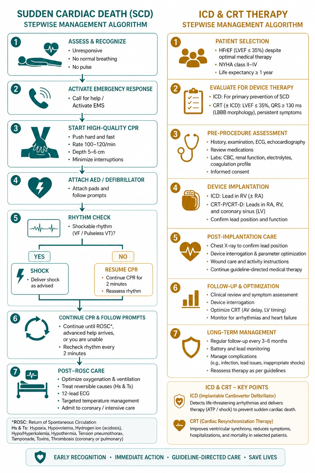 Stepwise management algorithm for Sudden Cardiac Death AND ICD CRT Therapy.