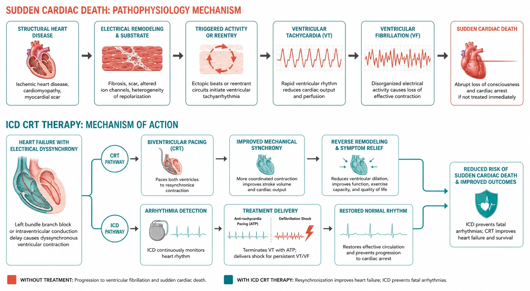 Pathophysiology mechanism diagram for Sudden Cardiac Death AND ICD CRT Therapy.