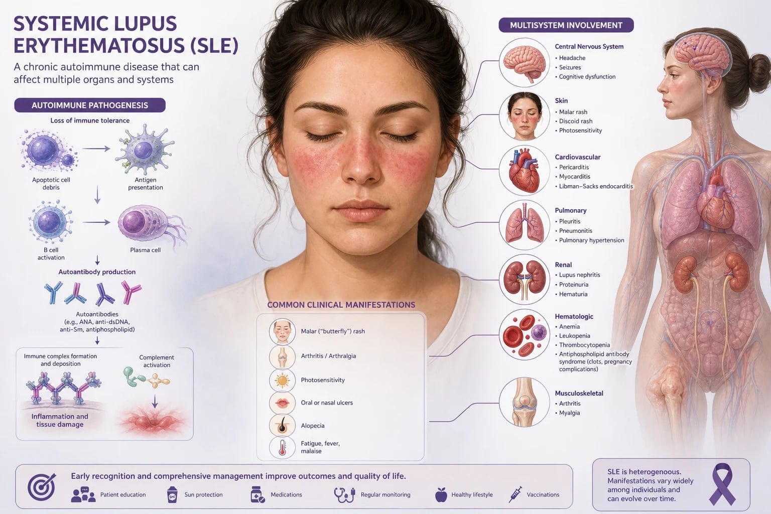 Systemic lupus erythematosus — malar rash sparing nasolabial folds, butterfly distribution across cheeks and bridge of nose, with autoantibody icons (ANA, anti-dsDNA, anti-Smith) and a glomerulus showing immune complex deposition