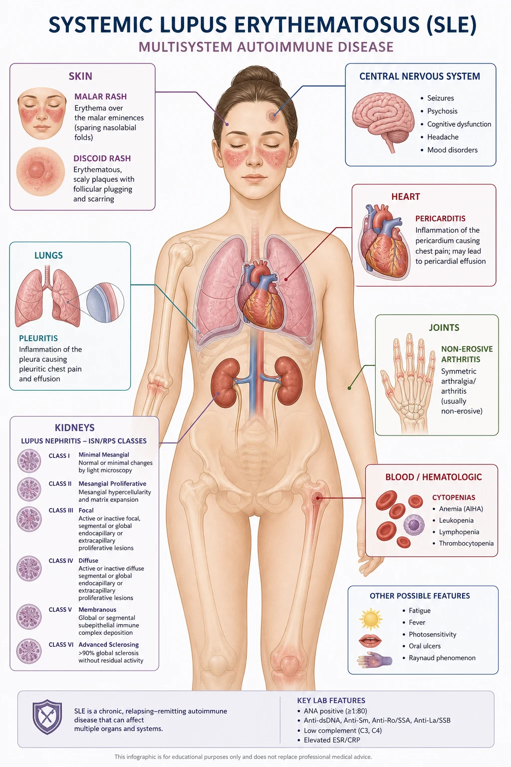 Multisystem organ involvement map in SLE — cutaneous (malar and discoid rash), musculoskeletal (non-erosive arthritis), renal (lupus nephritis), cardiopulmonary (pericarditis, pleuritis, Libman-Sacks), neuropsychiatric, and haematological involvement