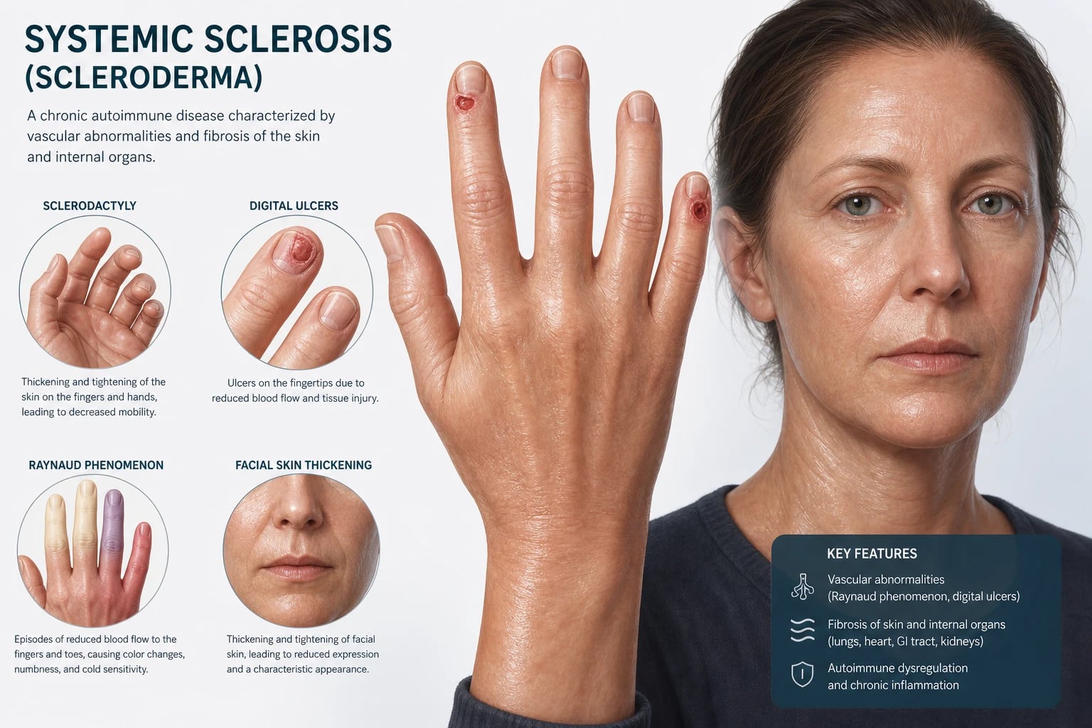 Systemic sclerosis — microvascular injury, fibroblast activation and excessive collagen deposition producing skin thickening, Raynaud phenomenon and multisystem organ disease