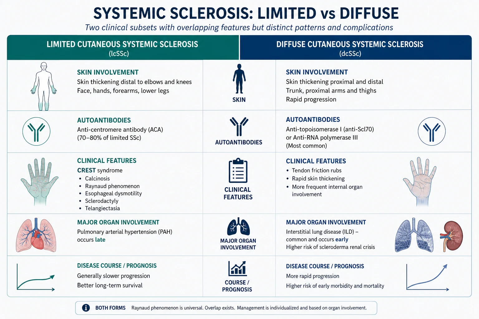 Limited cutaneous systemic sclerosis (CREST, anti-centromere, later PAH) compared with diffuse cutaneous systemic sclerosis (proximal skin involvement, anti-Scl-70 or anti-RNA polymerase III, earlier ILD and renal crisis)