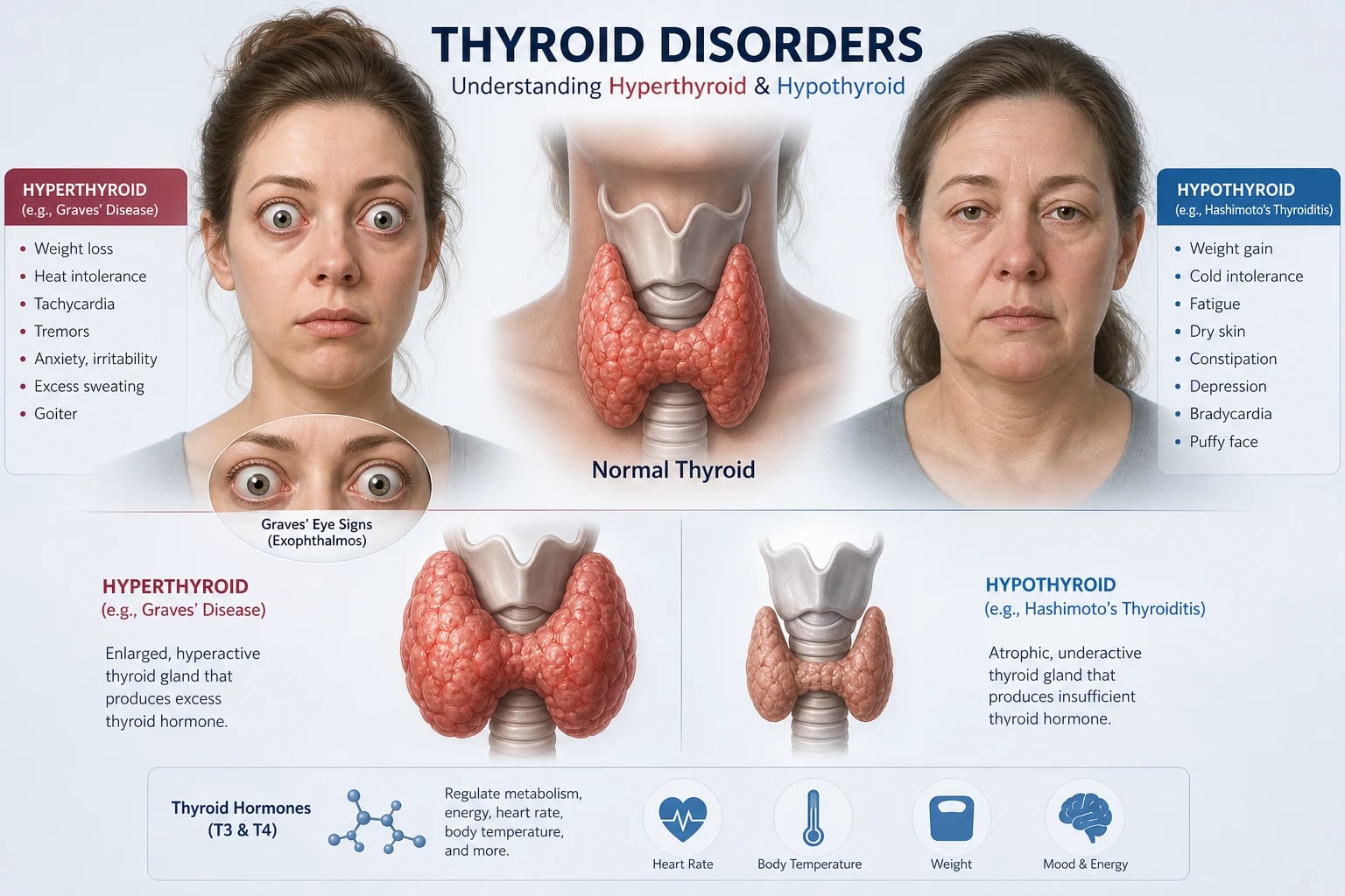 Thyroid disorders — concept illustration showing thyroid gland anatomy with hyperthyroid and hypothyroid phenotypes and the hypothalamic-pituitary-thyroid axis