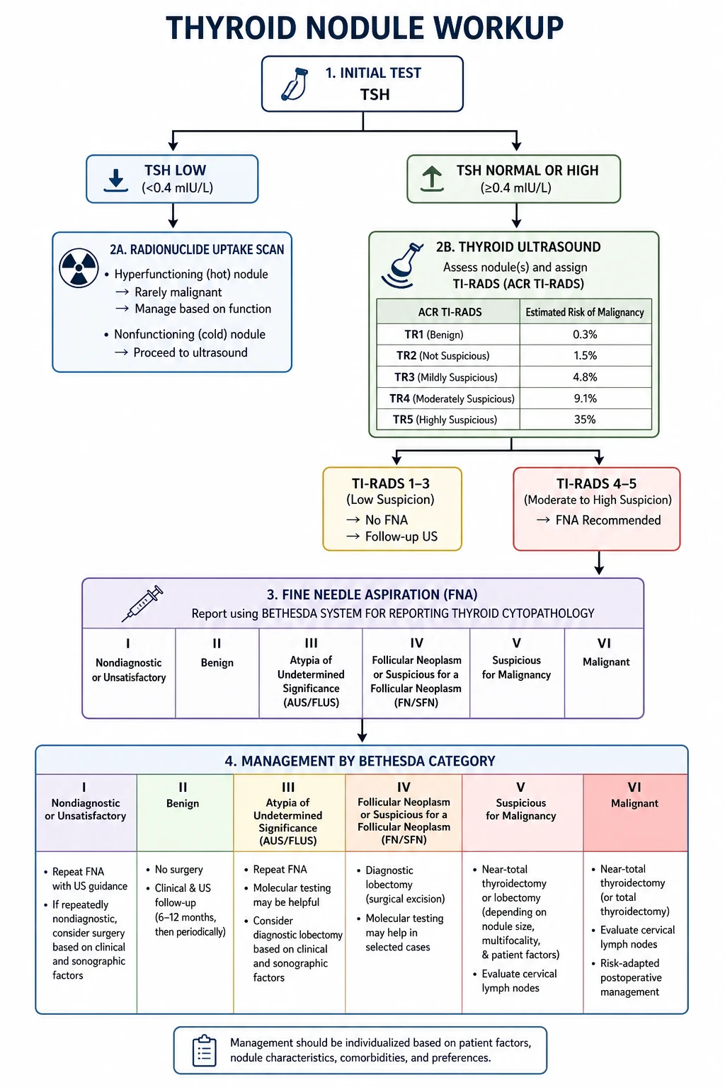 Thyroid nodule workup algorithm — ultrasound TI-RADS risk stratification to fine-needle aspiration Bethesda categorisation to management decision