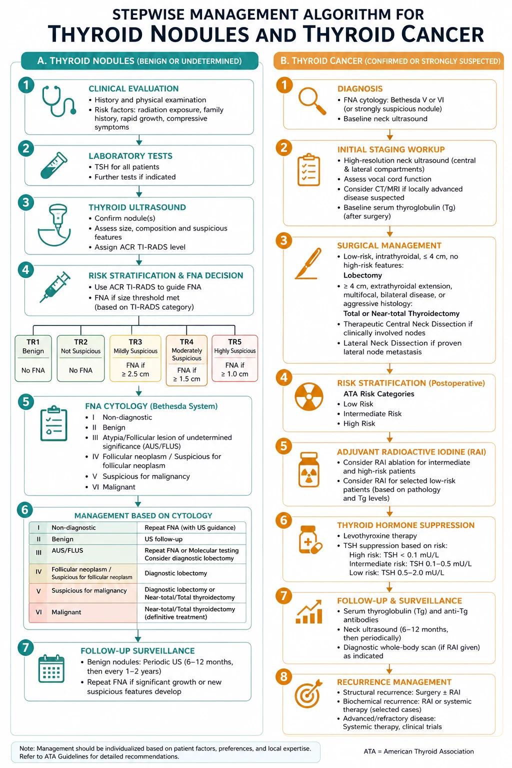 Stepwise management algorithm for Thyroid Nodules AND Thyroid Cancer.