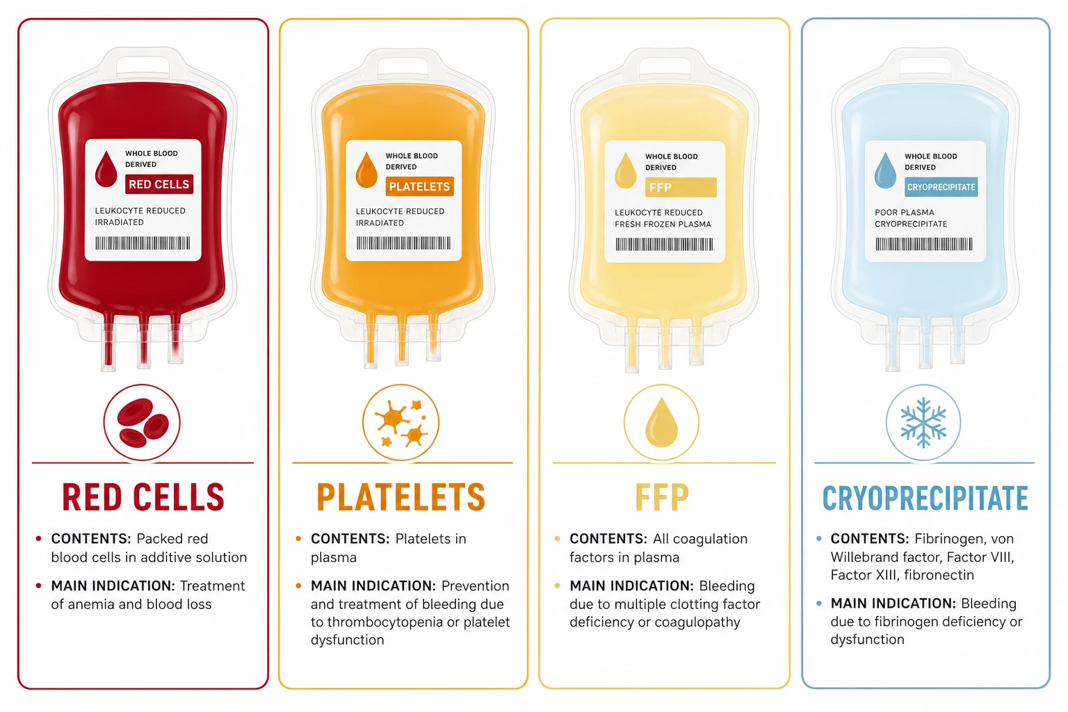 The four blood components: packed red cells, platelets, fresh frozen plasma, cryoprecipitate