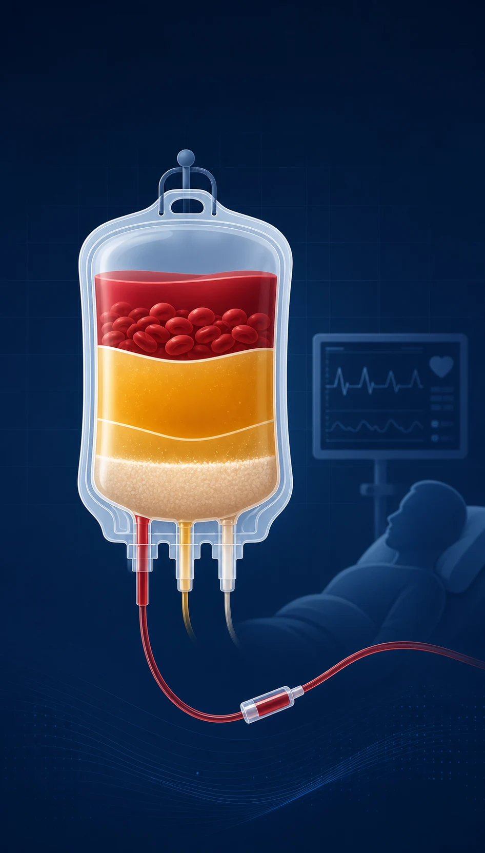 Blood component therapy — a donation bag separated into red cells, plasma and platelets