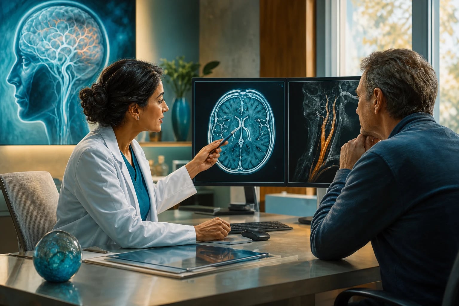 Physician counselling a patient after TIA with vascular imaging context.