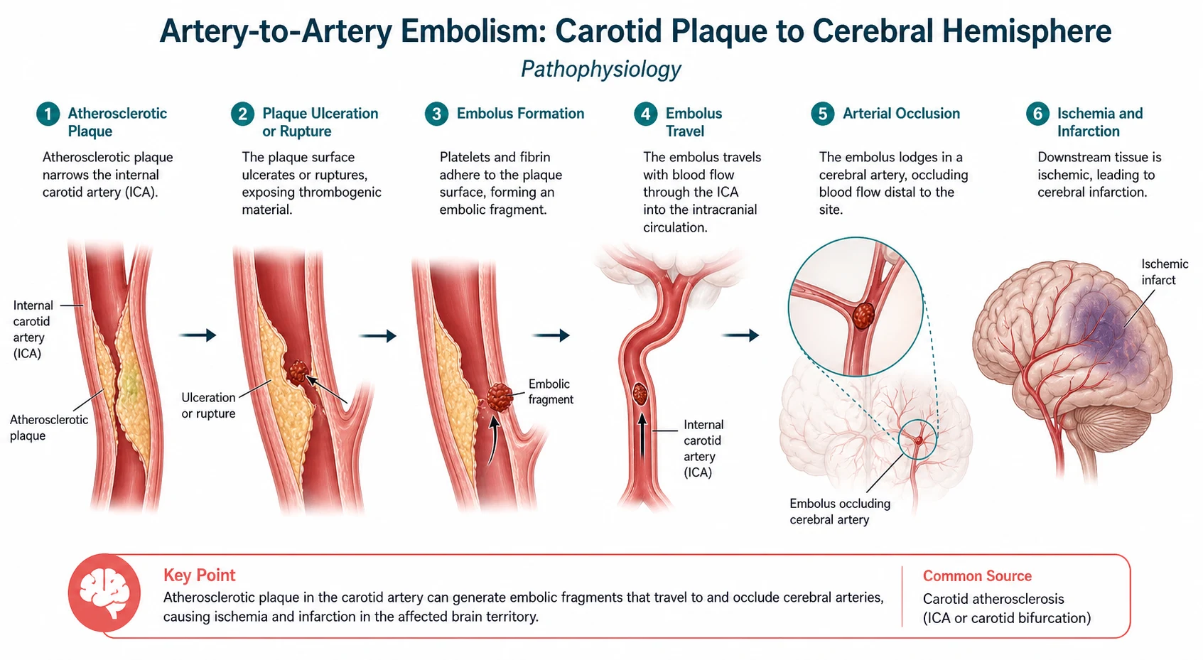 Carotid plaque embolising to a cerebral arterial territory.