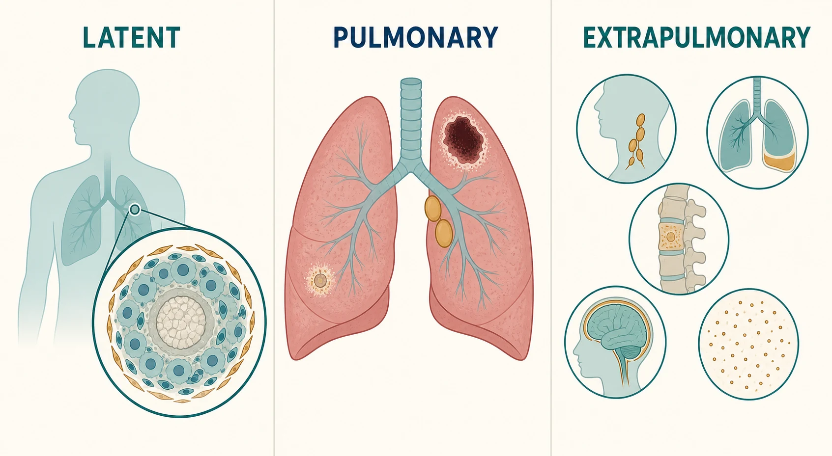Three-panel infographic of the tuberculosis spectrum — latent infection, active pulmonary disease, and extrapulmonary disease