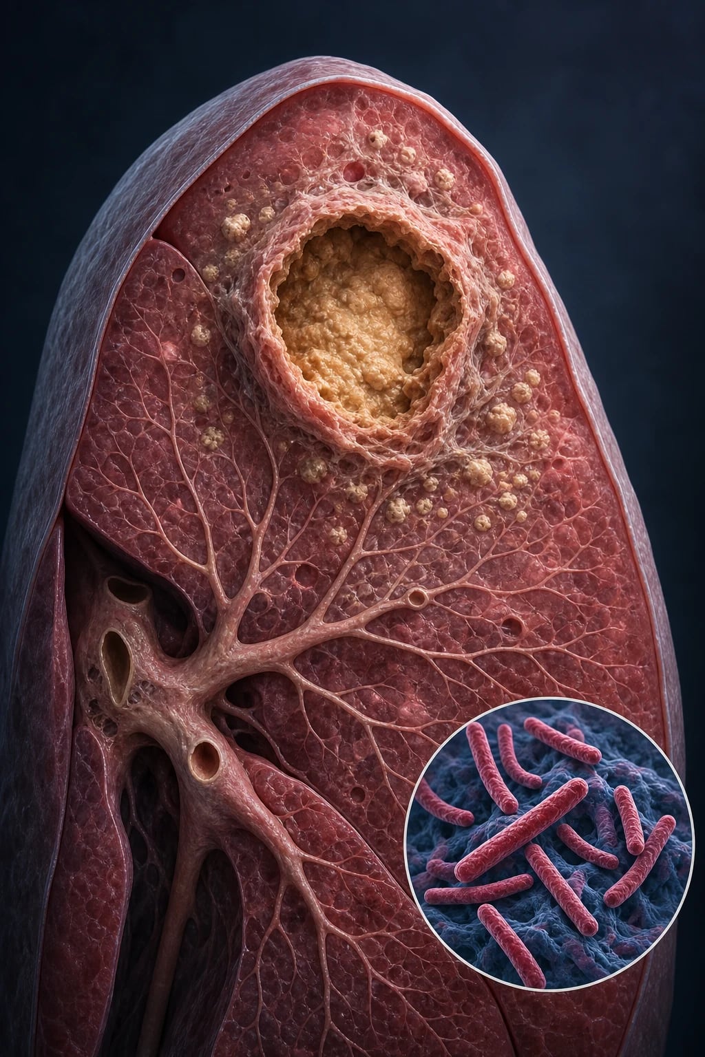 Cutaway illustration of a lung apex showing a thick-walled tuberculous cavity with caseous necrosis and satellite granulomas