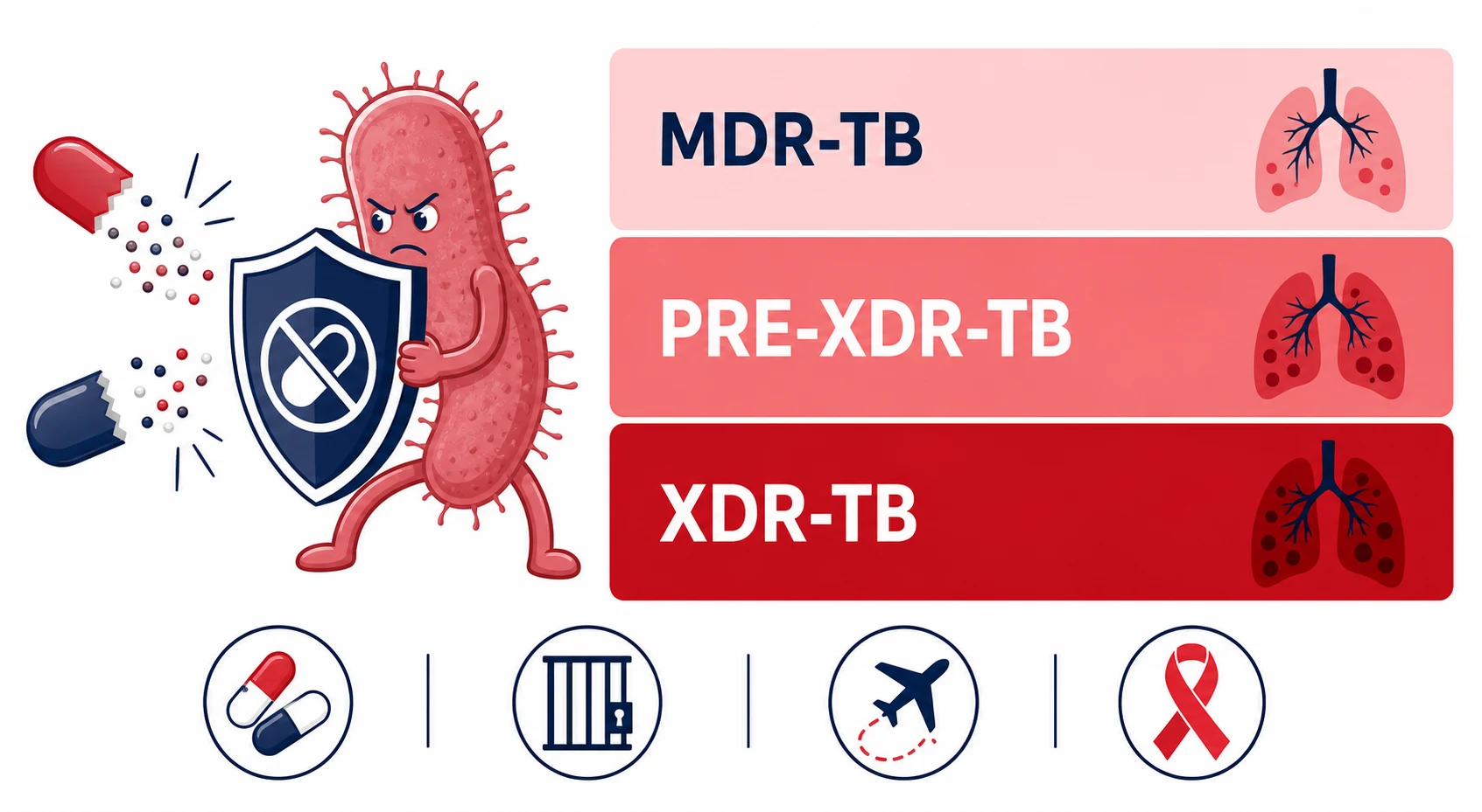 Infographic of drug-resistant tuberculosis — MDR-TB, pre-XDR-TB and XDR-TB definition bands with a bacillus shielded against antibiotics