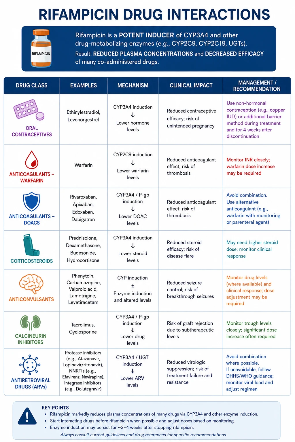 Diagram of rifampicin cytochrome P450 induction with arrows showing reduced levels of oral contraceptive pill, warfarin, DOACs, corticosteroids, anticonvulsants, calcineurin inhibitors and antiretrovirals