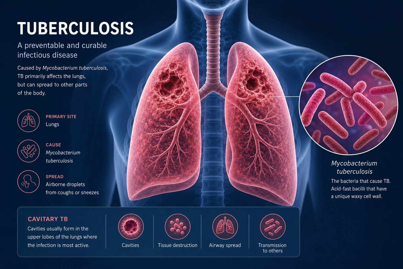 Hero image — apical pulmonary cavity with surrounding infiltrate representing post-primary pulmonary tuberculosis
