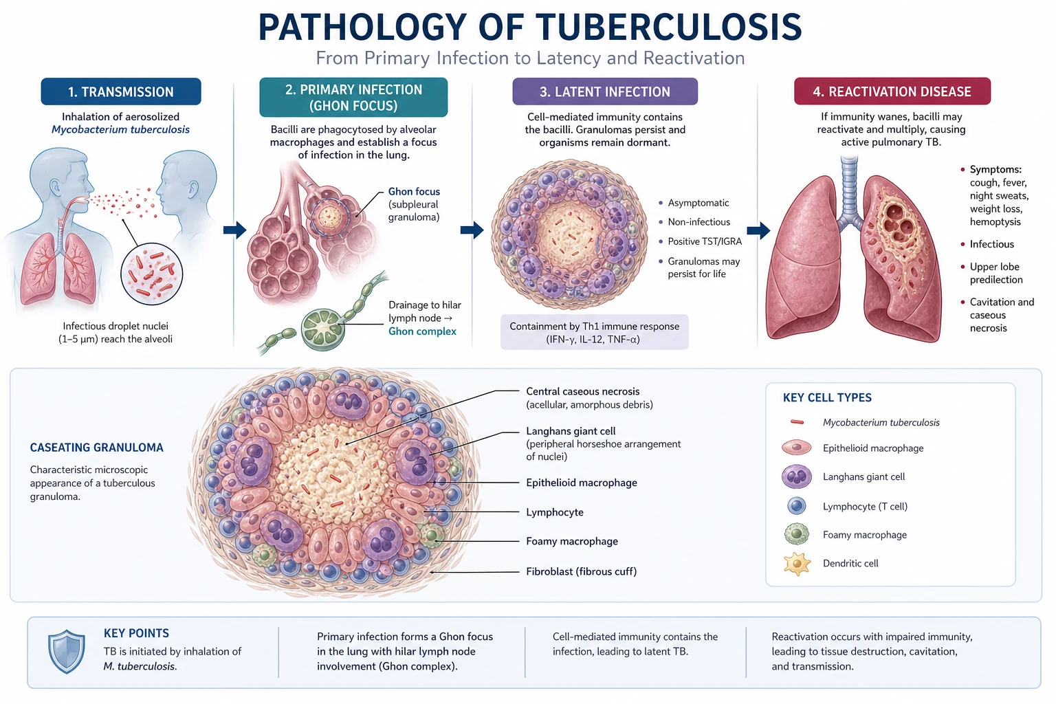 Pathology diagram showing progression from inhaled droplet nuclei through the Ghon complex to latent calcified granuloma, and reactivation to apical caseating cavitary disease