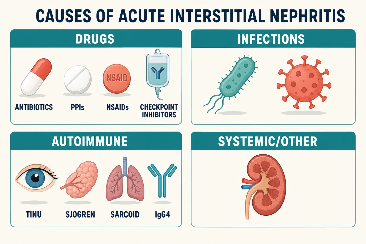 Causes of acute interstitial nephritis by class: drugs, infections, autoimmune and systemic causes