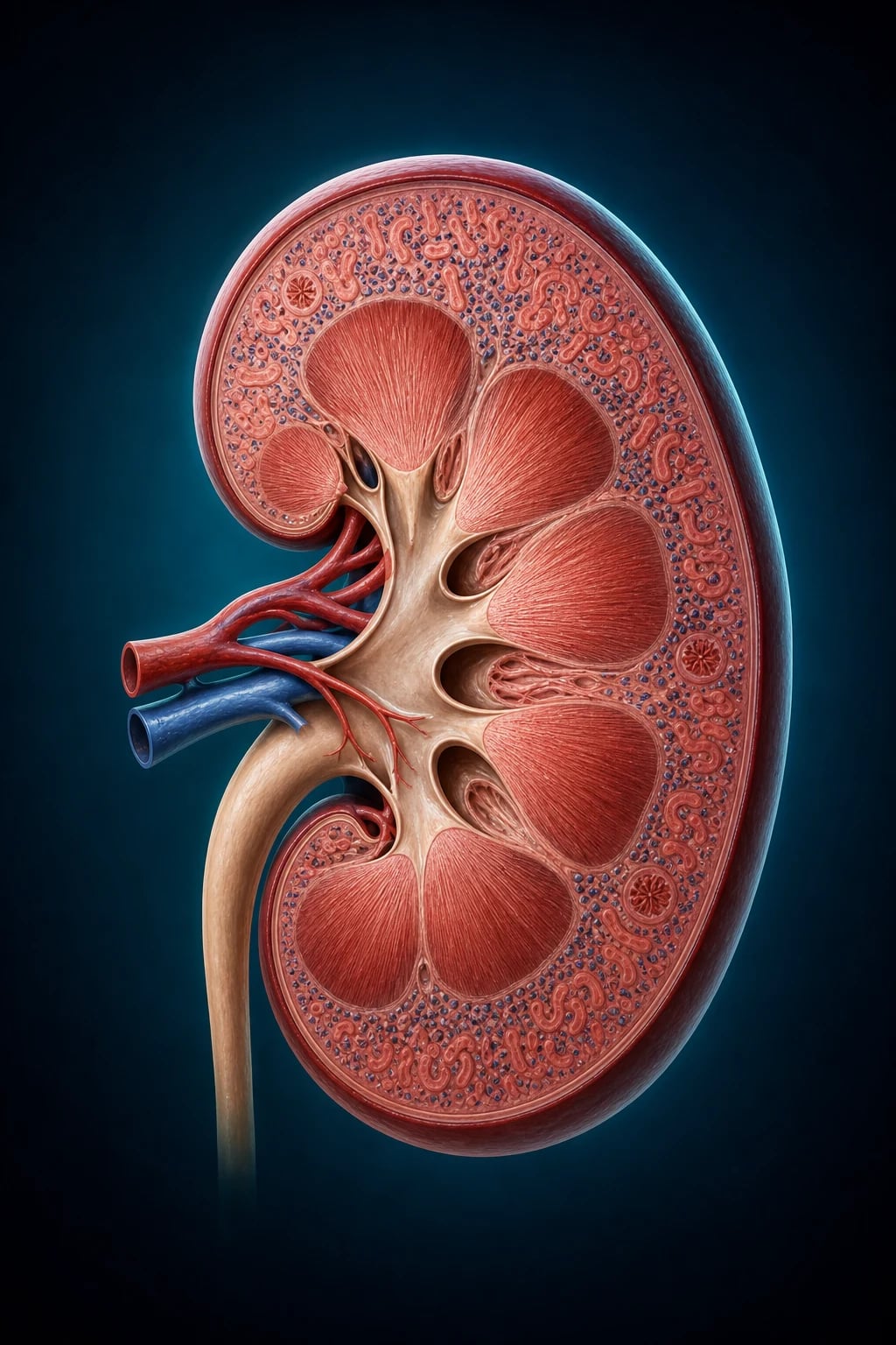 Kidney cross-section showing the cortical interstitium between tubules, with a subtle inflammatory cell infiltrate