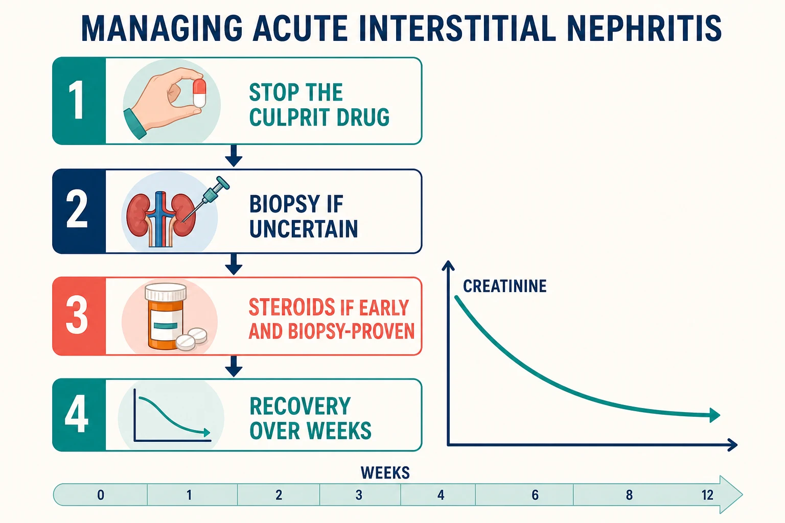 Managing acute interstitial nephritis: stop the culprit drug, biopsy if uncertain, steroids if early and biopsy-proven, recovery over weeks