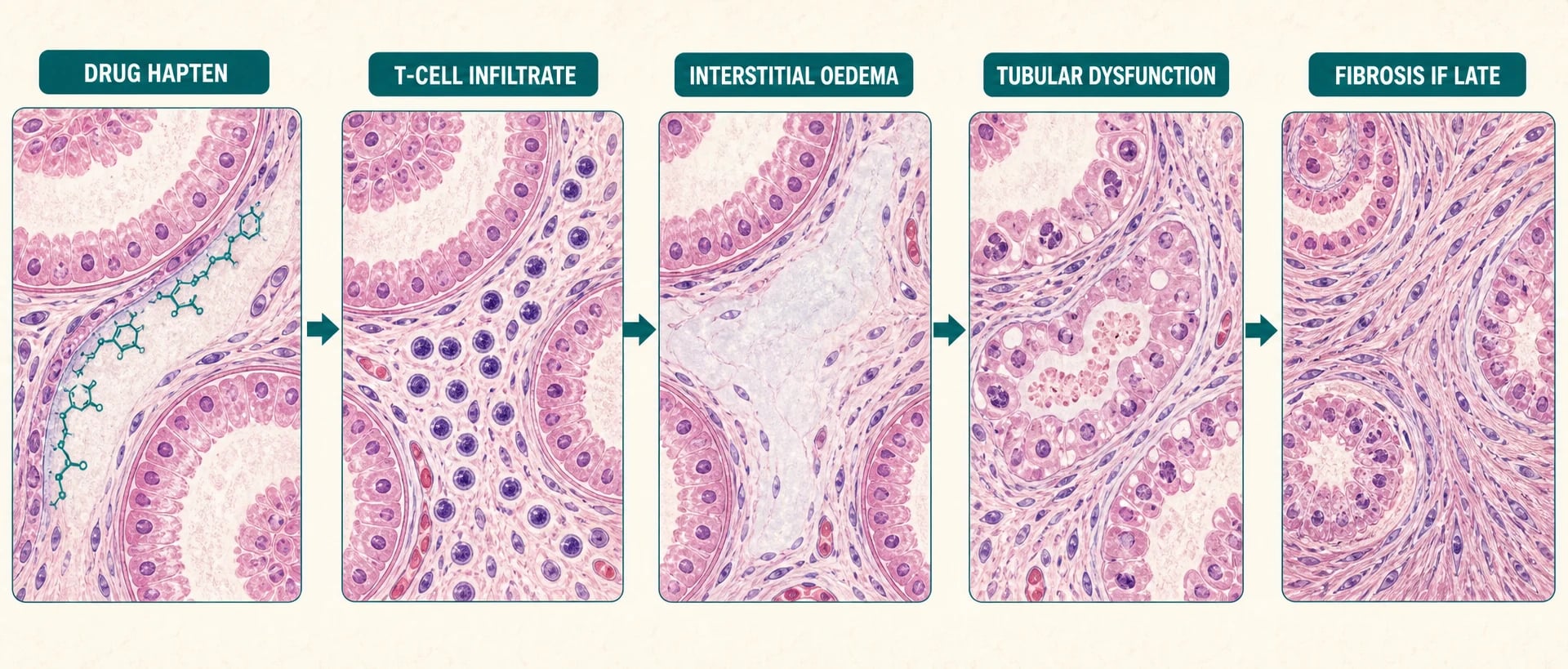 Mechanism cascade of drug-induced acute interstitial nephritis: drug hapten, T-cell infiltrate, interstitial oedema, tubular dysfunction, fibrosis