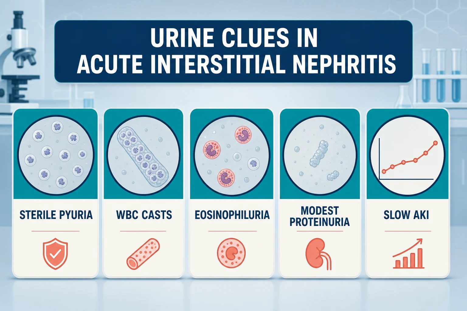 Urine clues in acute interstitial nephritis: sterile pyuria, white-cell casts, eosinophiluria limits, modest proteinuria, slow AKI