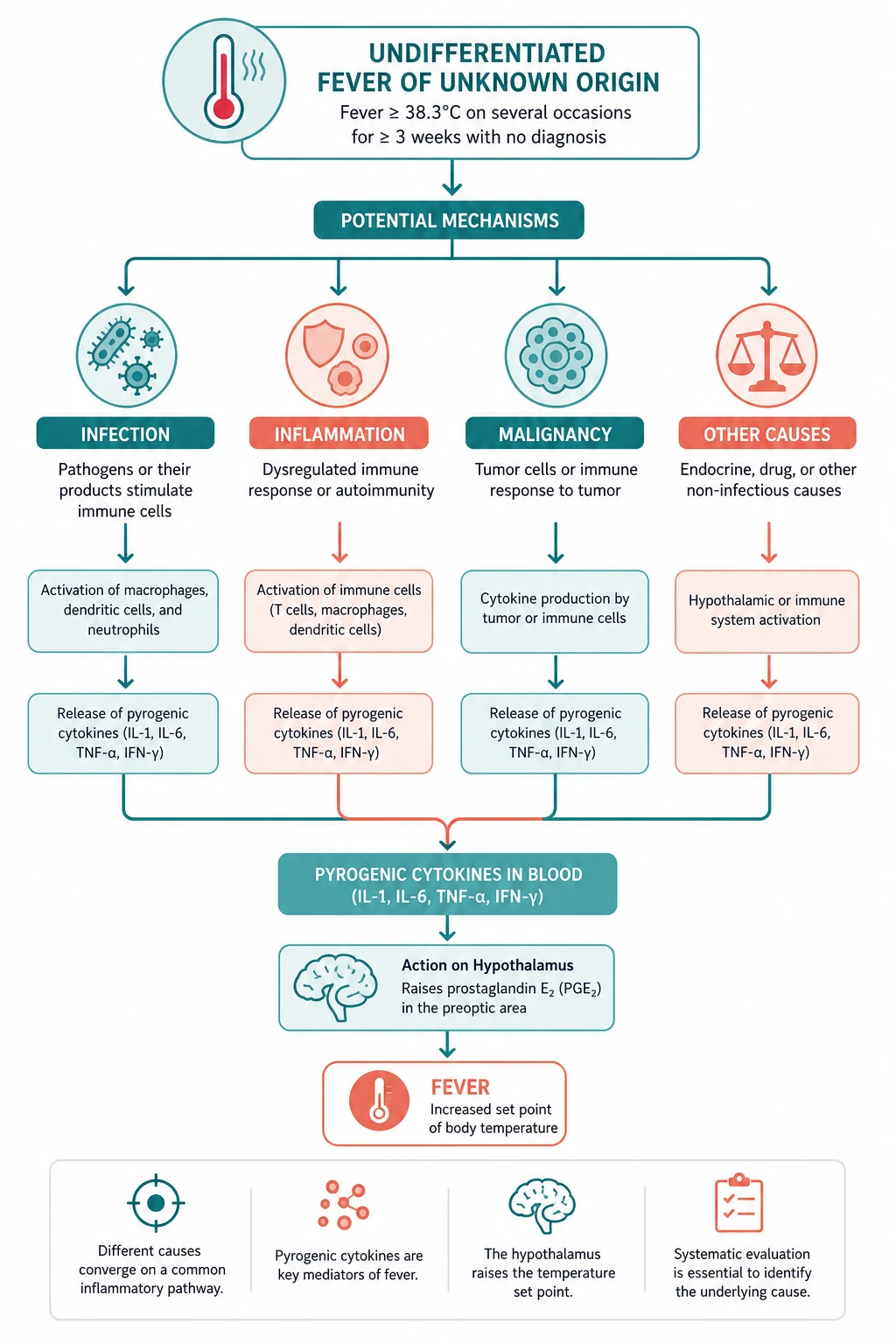 Pathophysiology for undifferentiated fever unknown origin