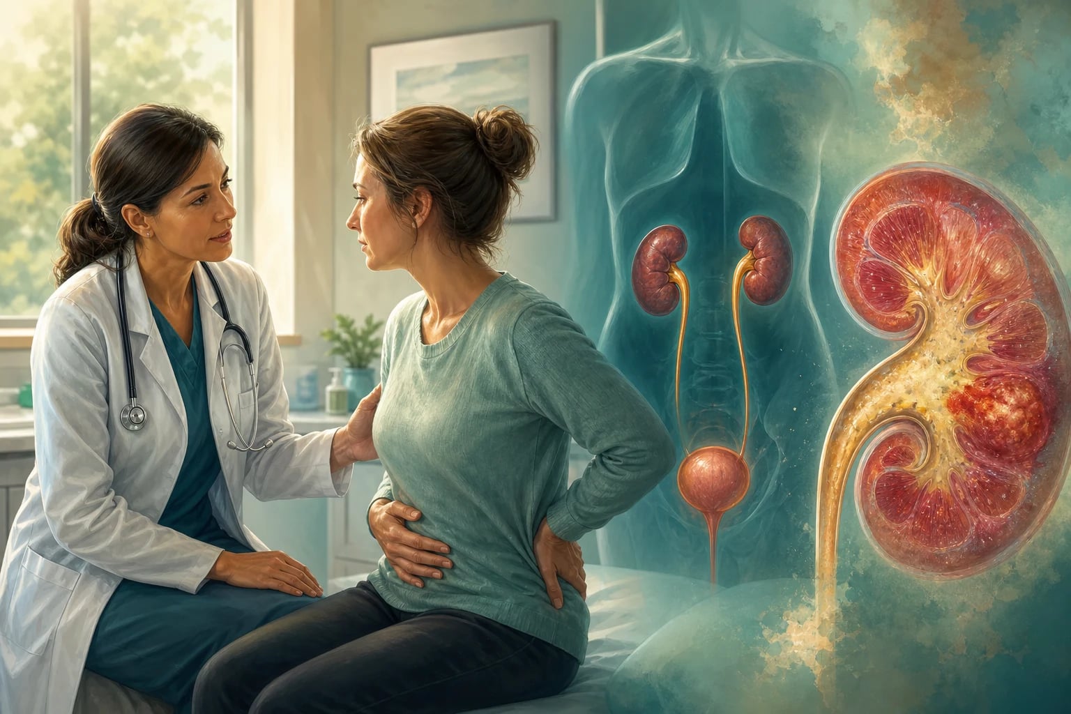 Clinical overview scene for Urinary Tract Infection AND Complicated UTI Pyelonephritis.