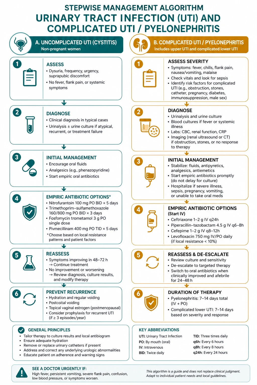 Stepwise management algorithm for Urinary Tract Infection AND Complicated UTI Pyelonephritis.