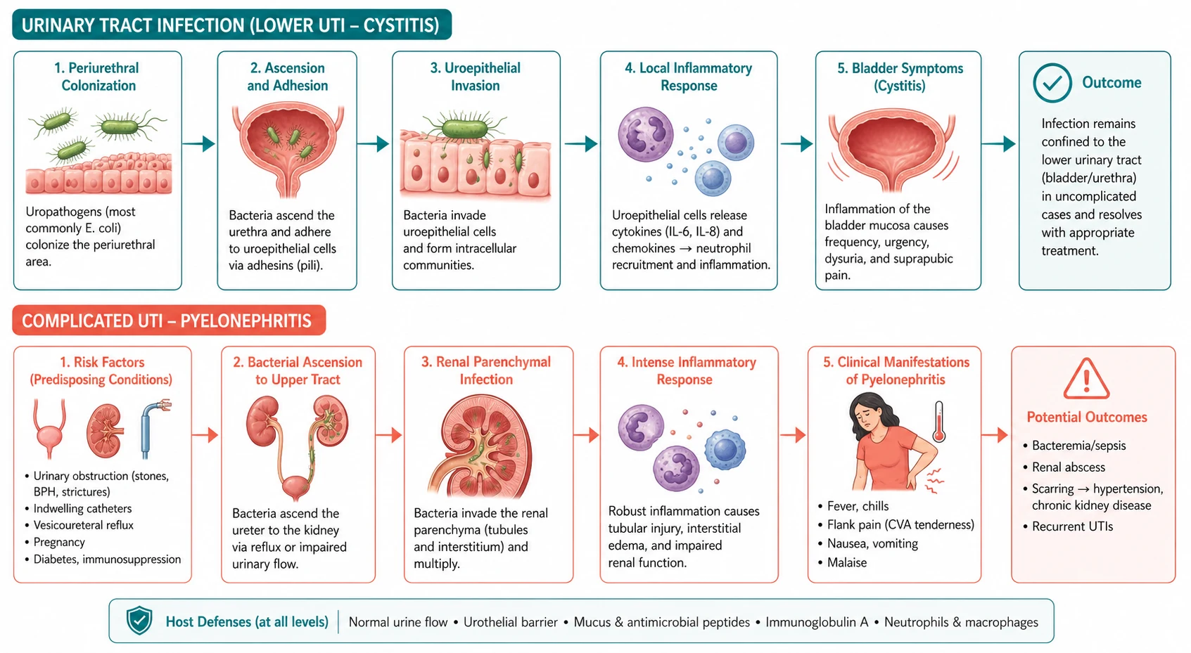 Pathophysiology mechanism diagram for Urinary Tract Infection AND Complicated UTI Pyelonephritis.