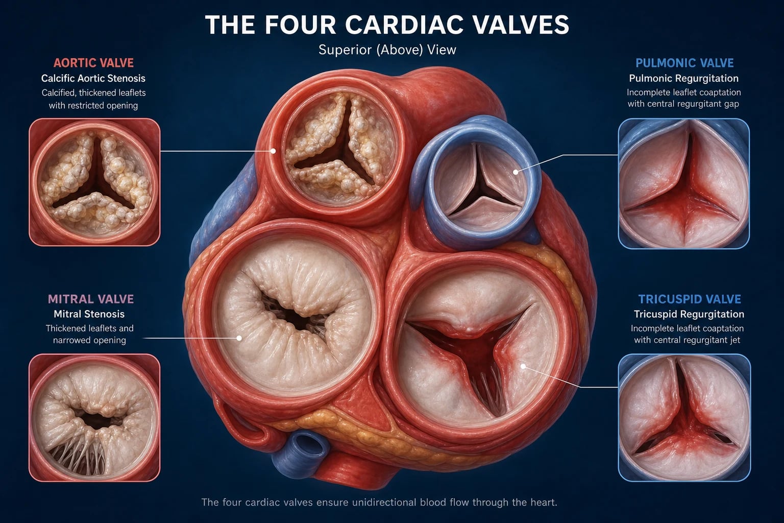 The four cardiac valves — aortic, mitral, tricuspid, pulmonary — showing stenotic and regurgitant pathology