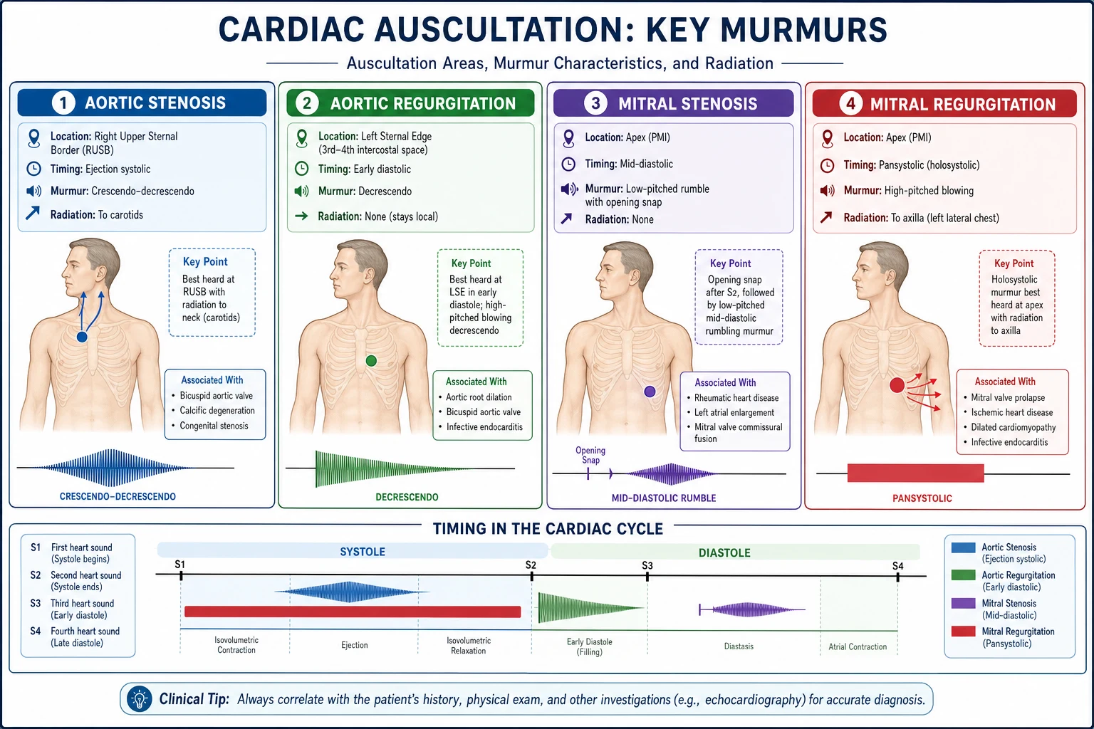 Timing-based murmur diagram: systolic ejection (AS), pansystolic (MR/TR/VSD), early diastolic (AR), mid-diastolic (MS) with site and radiation