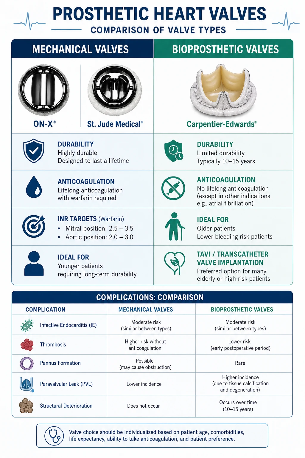 Mechanical vs bioprosthetic valves: INR targets, durability and complications comparison