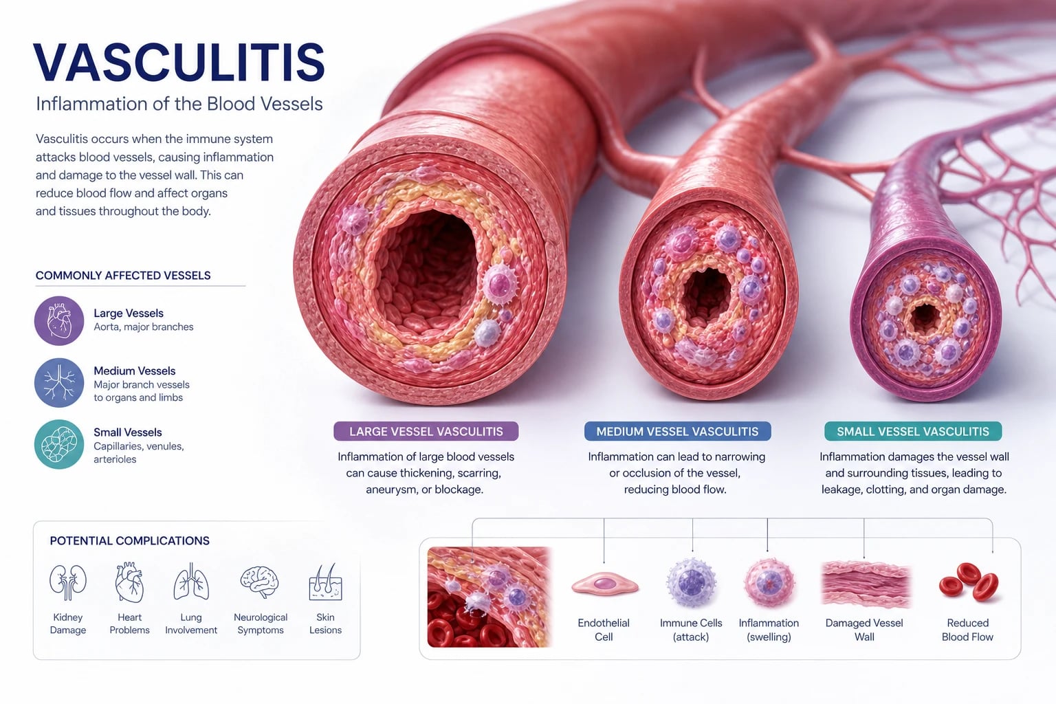 The systemic vasculitides classified by the predominant vessel size involved — large, medium and small vessel disease with their defining clinical syndromes