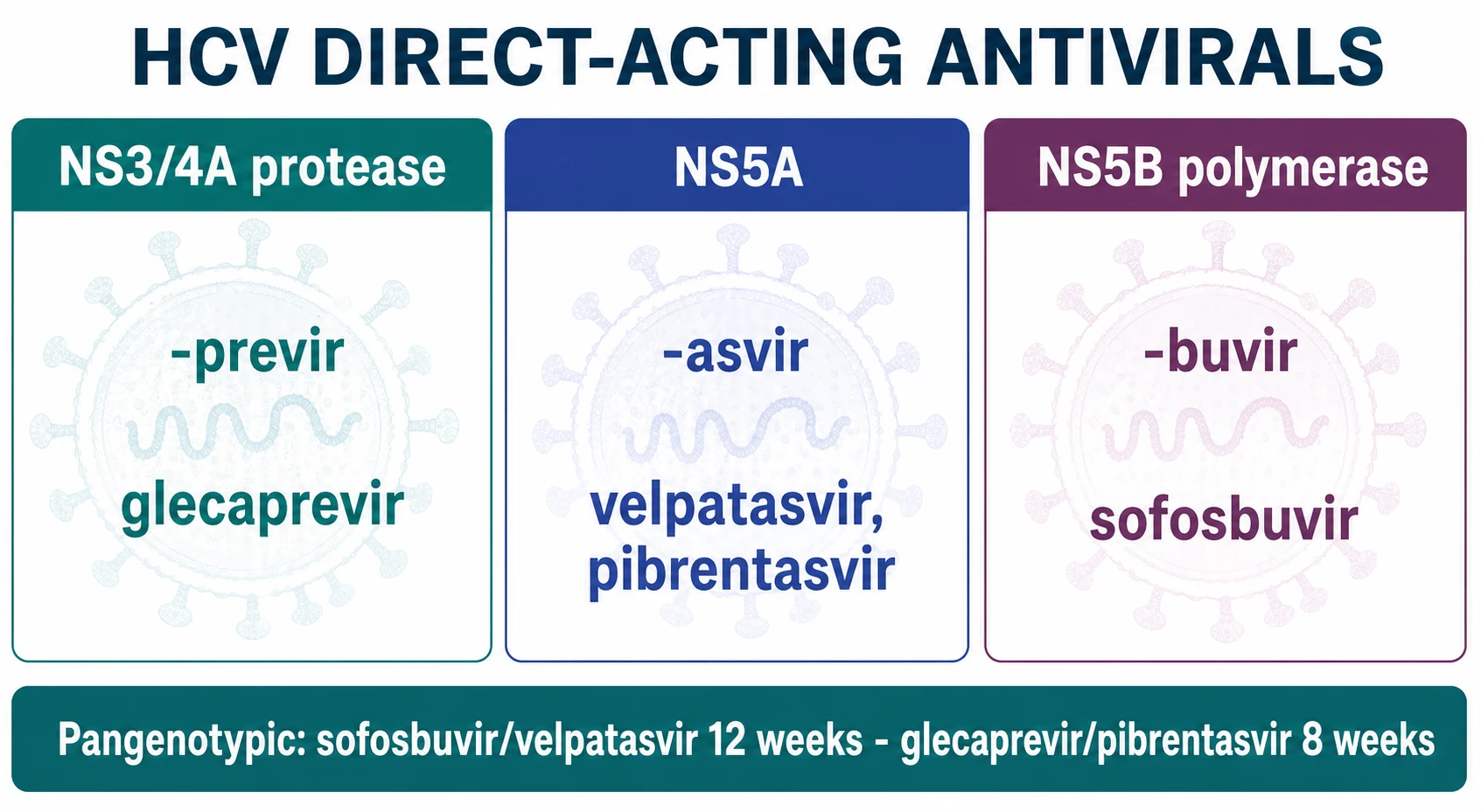 HCV direct-acting antivirals by class — NS3/4A protease inhibitors, NS5A inhibitors, NS5B polymerase inhibitors, and the pangenotypic regimens