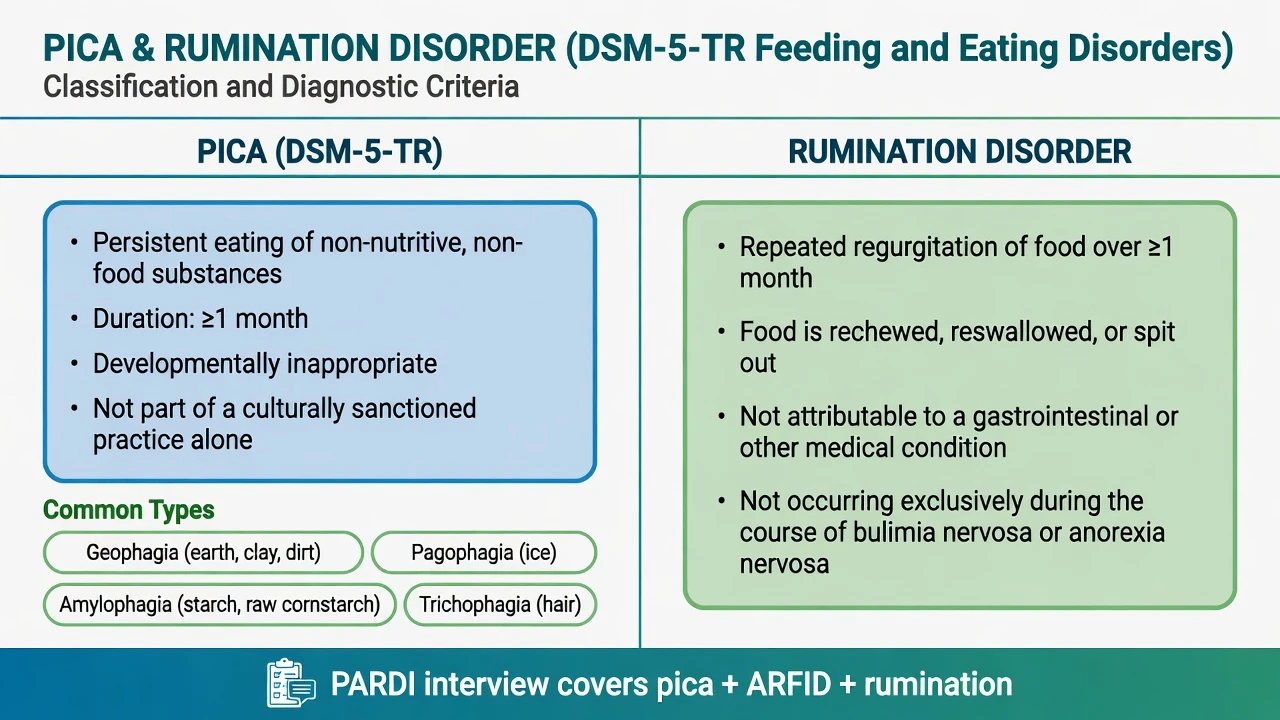 Two-column classification of DSM-5-TR pica and rumination disorder criteria with common pica substance types and PARDI note