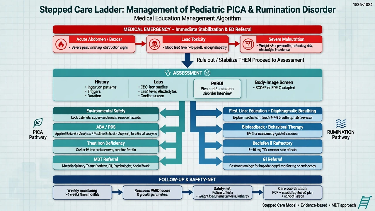 Stepped care management algorithm for pica and rumination with emergency, assessment, and parallel treatment pathways