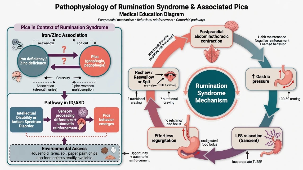 Pathophysiology diagram of rumination abdominothoracic cycle and pica iron-zinc and ID/ASD pathways