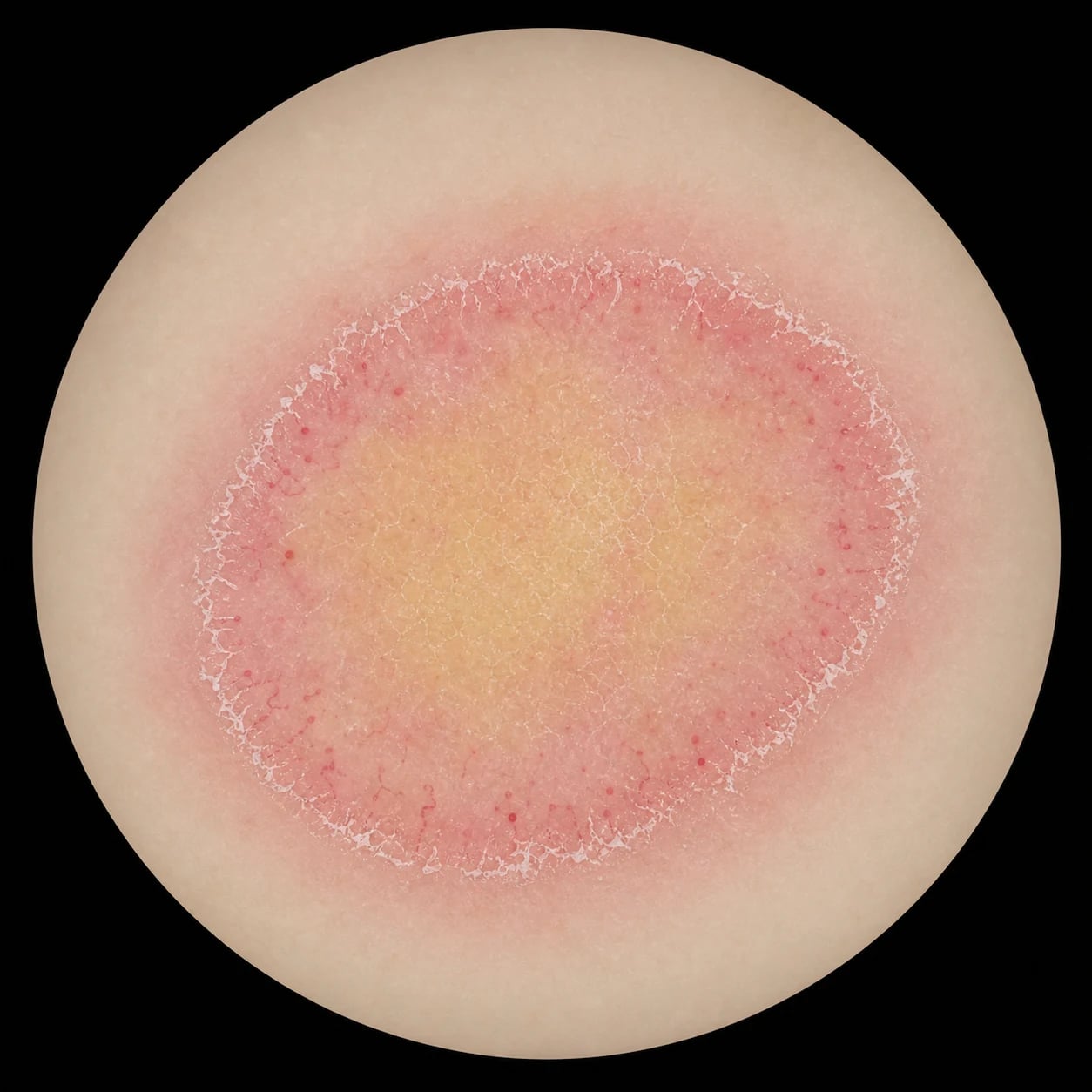 Dermoscopy of pityriasis rosea showing peripheral collarette scale, dotted vessels, and central yellowish background
