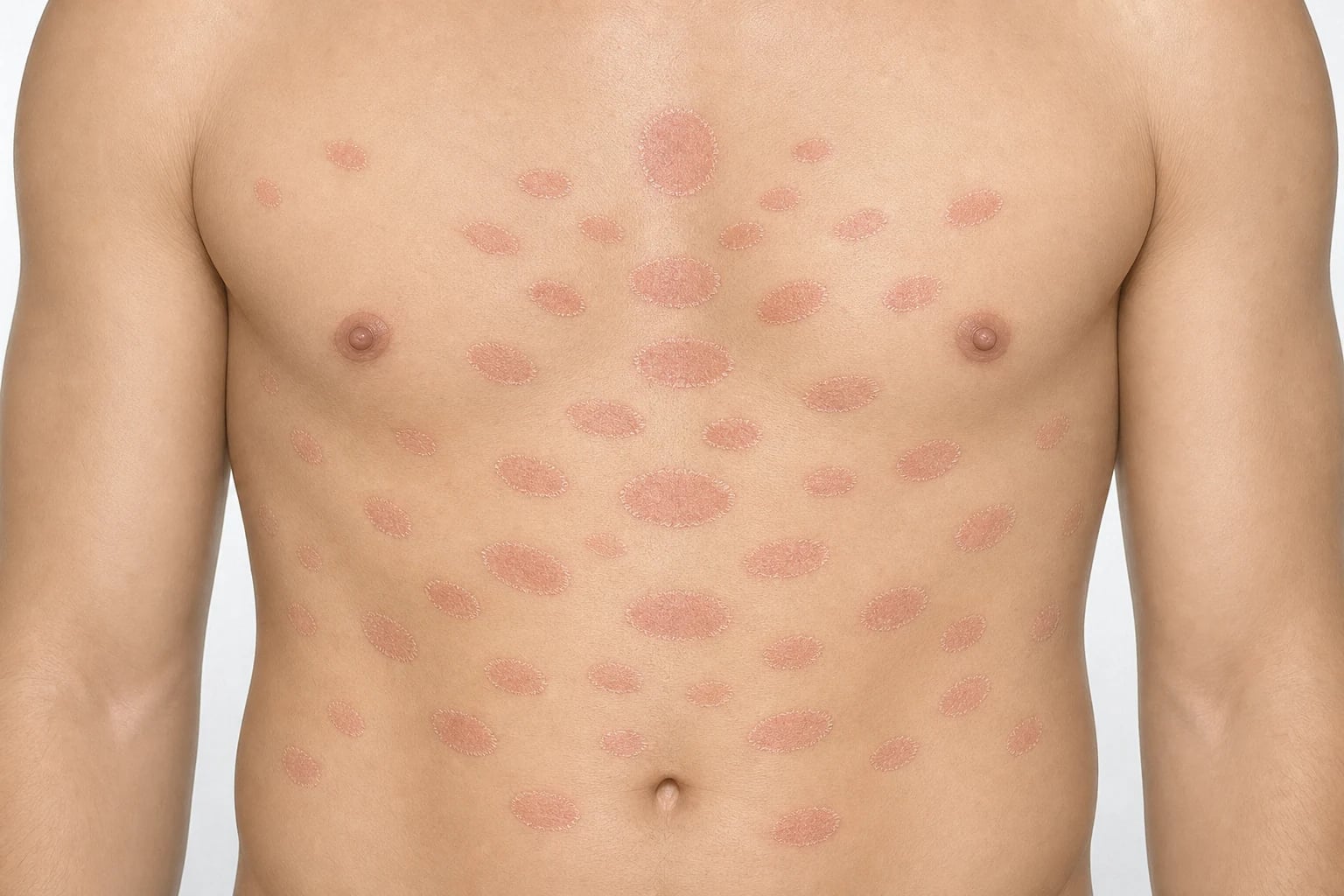 Oval salmon-pink plaques with peripheral collarette scaling arranged along skin cleavage lines on the trunk