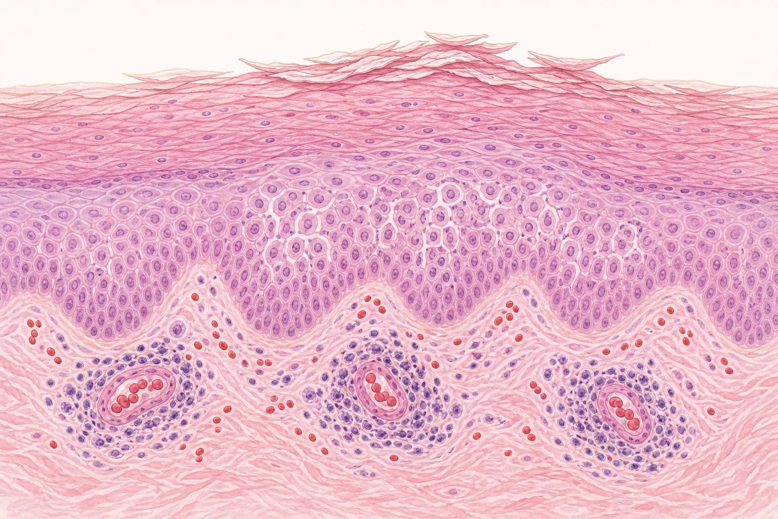 Histopathology of pityriasis rosea showing focal parakeratosis, spongiosis, diminished granular layer, and superficial perivascular lymphohistiocytic infiltrate