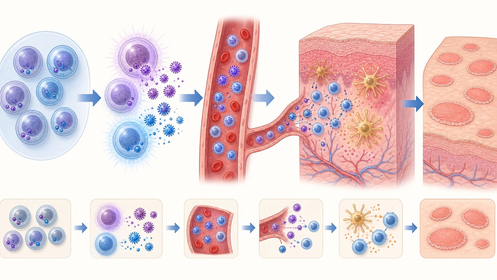 Diagram showing HHV-6/HHV-7 reactivation from latency, viremia, and CD4+ T-cell mediated skin inflammation producing the pityriasis rosea eruption