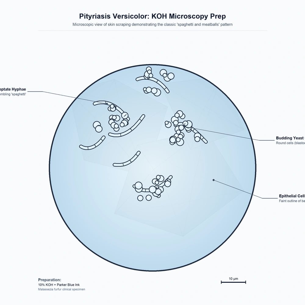 KOH preparation showing short hyphae and clusters of round yeast cells in spaghetti and meatballs pattern