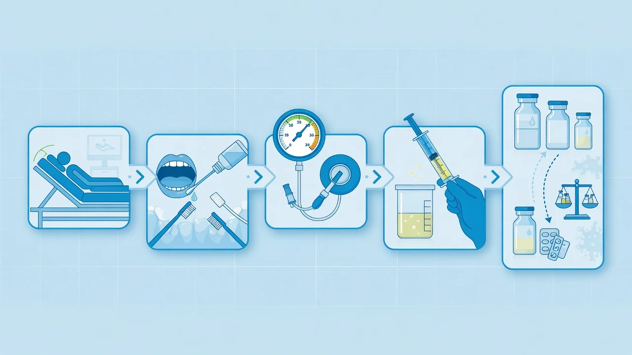 Bedside infographic in clinical blue: a ventilated patient positioned 30-45 degrees head-up, labelled icons for SAT+SBT, chlorhexidine oral care, subglottic suction ETT, hand hygiene, and PPI/LMWH prophylaxis, with a checkbox tick motif