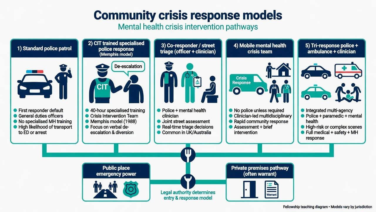 Five community crisis response models from standard patrol to tri-response with public-place versus private-premises legal fork