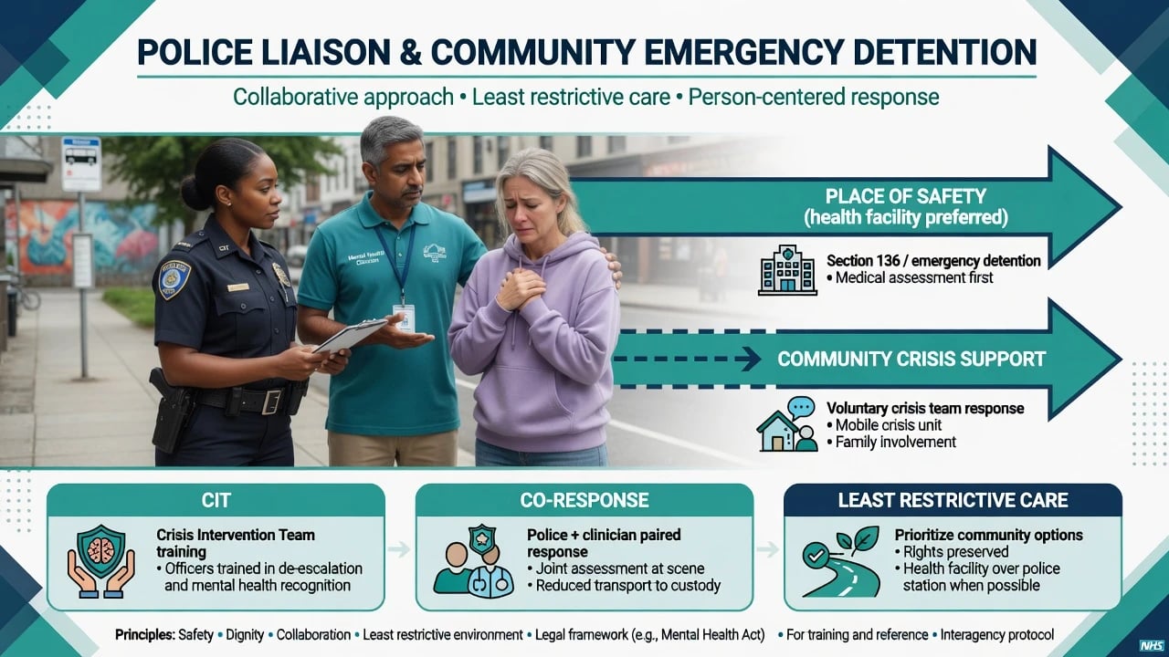 Police officer and mental health clinician supporting a person in community crisis with pathways to place of safety and community support