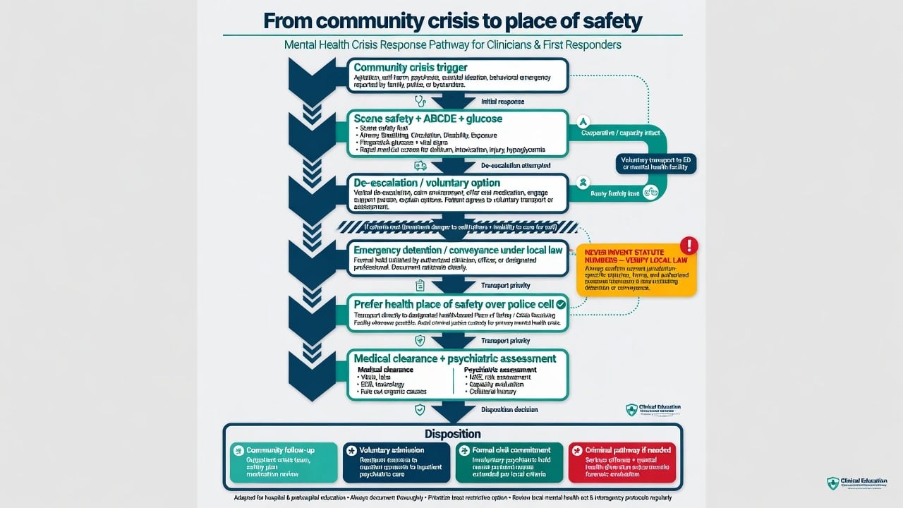 Flowchart from community crisis through scene safety de-escalation emergency detention place of safety assessment and disposition