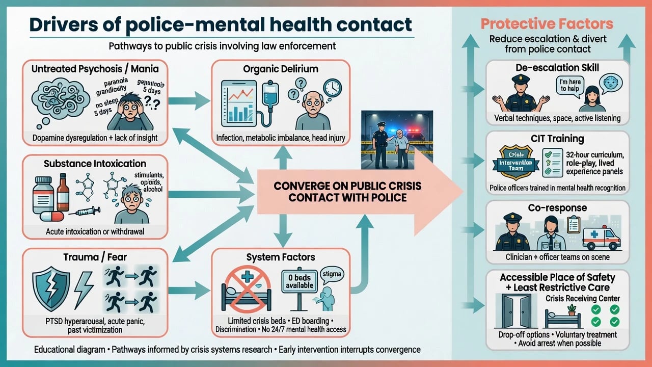 Drivers of police mental health contact including psychosis mania substances organic delirium trauma and system factors with protective responses