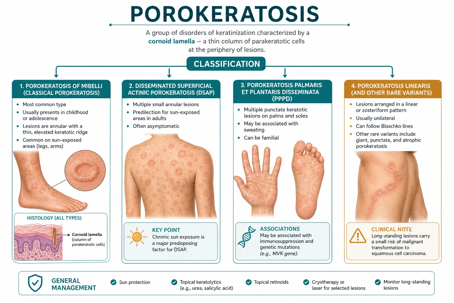 Schematic showing the five classical clinical variants of porokeratosis arranged by distribution and age of onset