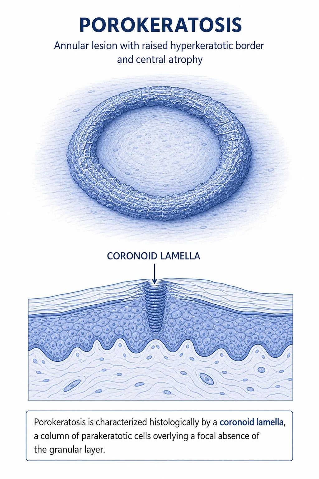 Clinical photograph of an annular porokeratosis plaque showing the thread-like raised hyperkeratotic border, central atrophy, and the dermoscopic ridge sign